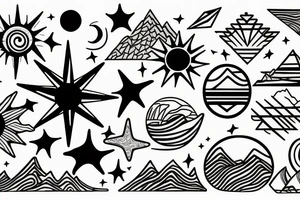Sun, stars, the sea and mountains tattoo idea