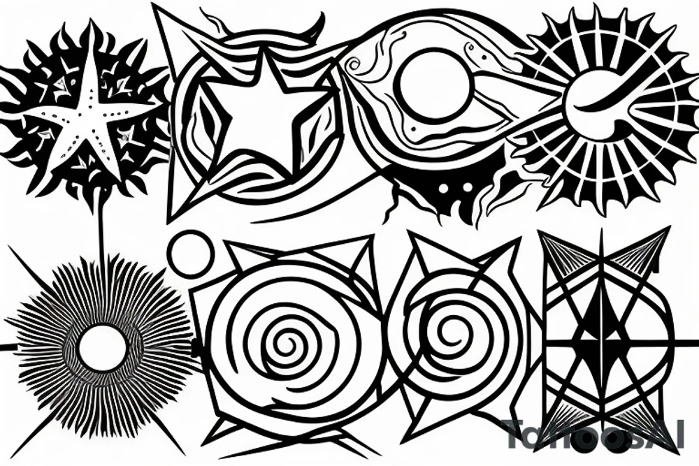 Sun, stars, the sea and mountains tattoo idea