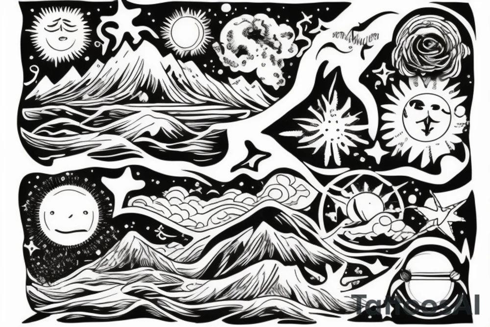 Sun, stars, the sea and mountains tattoo idea