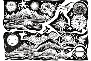 Sun, stars, the sea and mountains tattoo idea