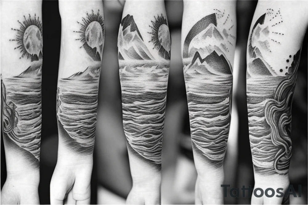 Sun, stars, the sea and mountains tattoo idea