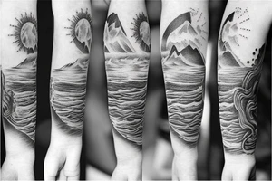 Sun, stars, the sea and mountains tattoo idea