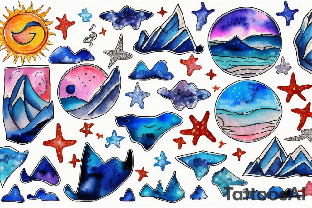 Sun, stars, the sea and mountains tattoo idea