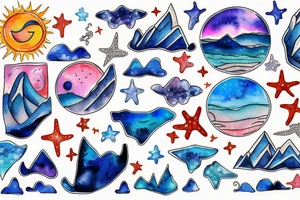 Sun, stars, the sea and mountains tattoo idea