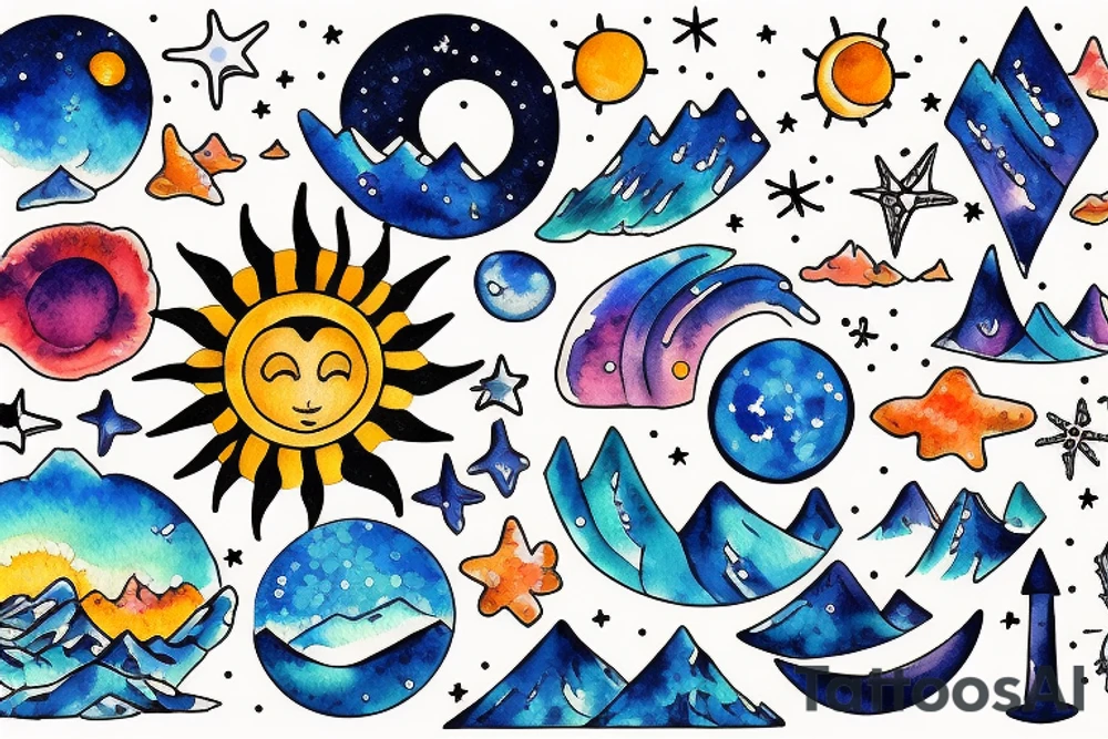 Sun, stars, the sea and mountains tattoo idea