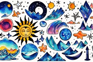 Sun, stars, the sea and mountains tattoo idea