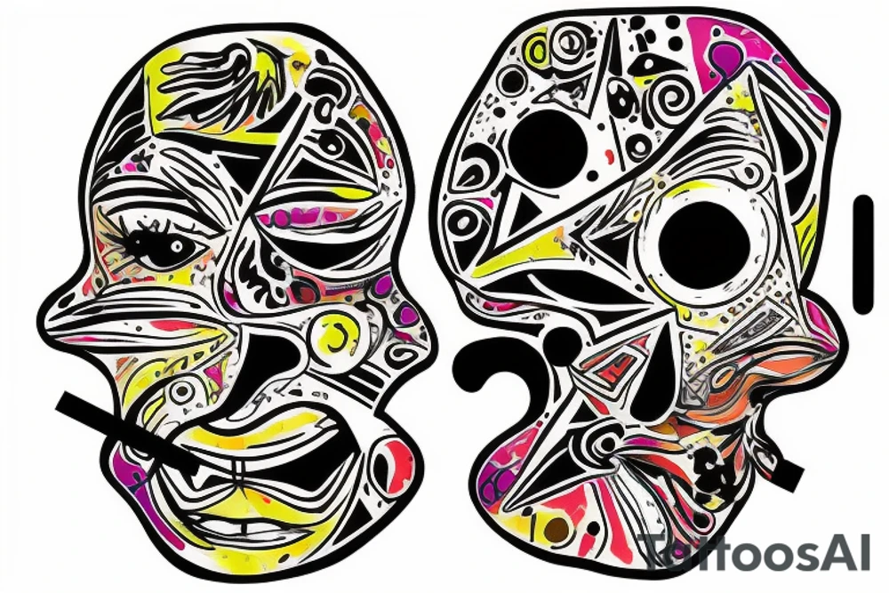 cargo head in splattered colors with clock eyes tattoo idea