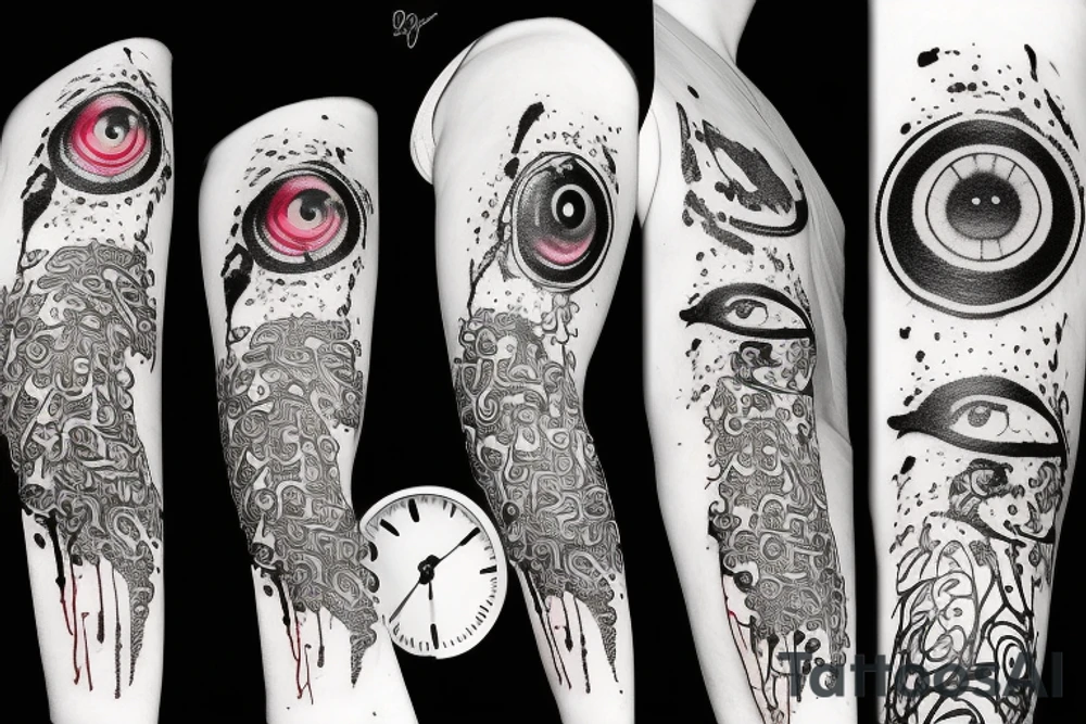 crow's head in splattered colors with clock eyes tattoo idea
