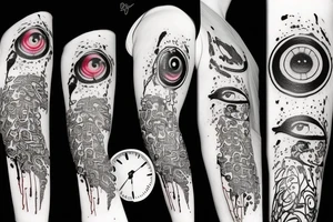 crow's head in splattered colors with clock eyes tattoo idea