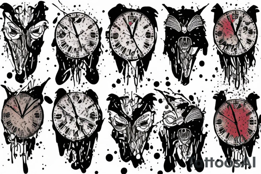 crow's head in splattered colors with clock eyes tattoo idea