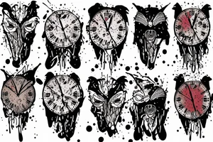 crow's head in splattered colors with clock eyes tattoo idea