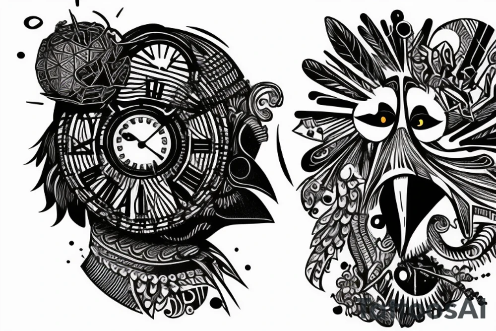 the head of a crow with the world in its mouth with the clock in its eyes tattoo idea
