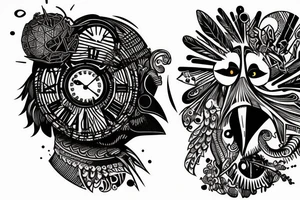 the head of a crow with the world in its mouth with the clock in its eyes tattoo idea