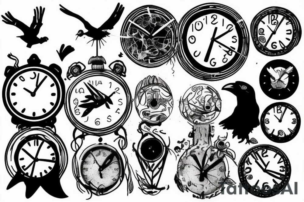 the head of a crow with the world in its mouth with the clock in its eyes tattoo idea