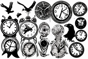 the head of a crow with the world in its mouth with the clock in its eyes tattoo idea