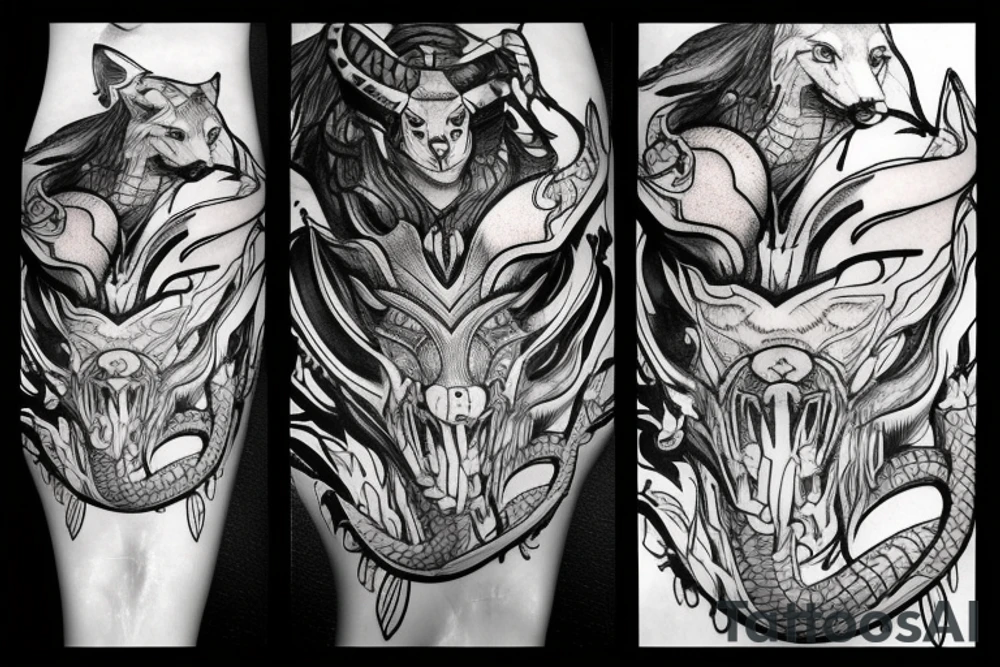 Loki helmet with a half dead snake covering it and a wolf tattoo idea