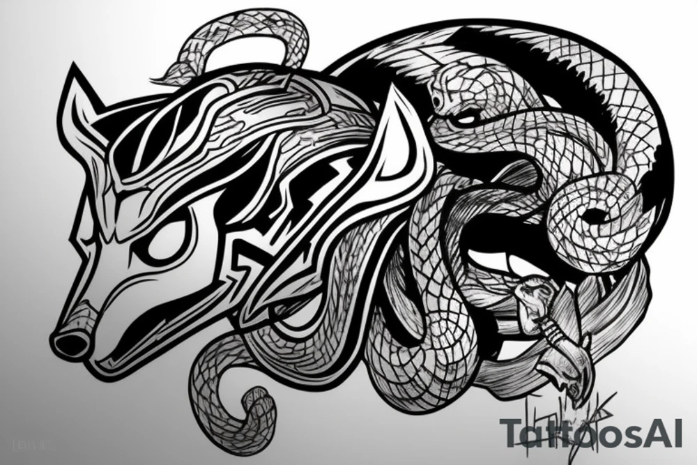 Loki helmet with a half dead snake covering it and a wolf tattoo idea