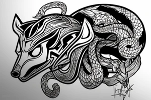 Loki helmet with a half dead snake covering it and a wolf tattoo idea