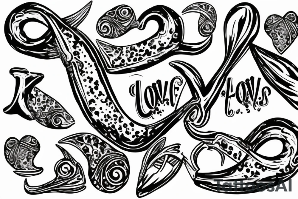 Fish hook, love hearts with the letters E B P in them tattoo idea