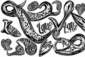 Fish hook, love hearts with the letters E B P in them tattoo idea