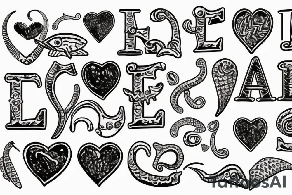 Fish hook, love hearts with the letters E B P in them tattoo idea