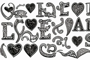 Fish hook, love hearts with the letters E B P in them tattoo idea