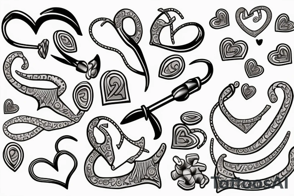 Fish hook and love hearts tattoo idea