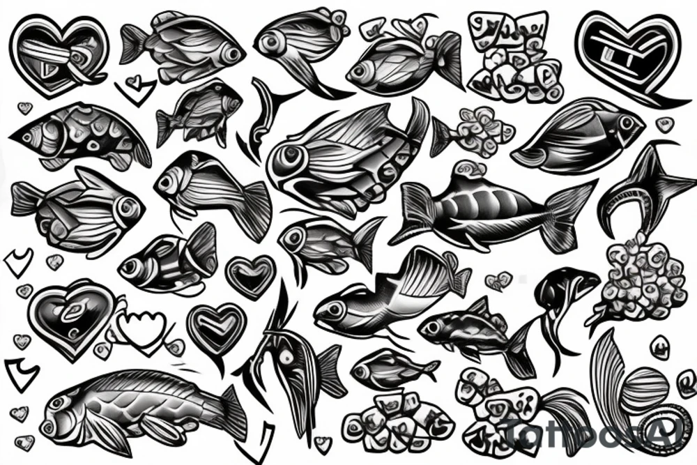 Fish hook and love hearts tattoo idea