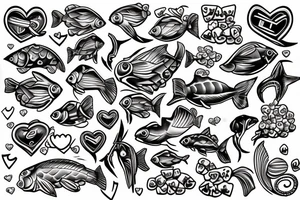 Fish hook and love hearts tattoo idea