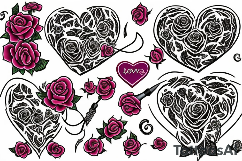 A hook surrounded by roses and love hearts tattoo idea