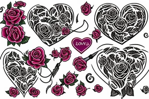 A hook surrounded by roses and love hearts tattoo idea