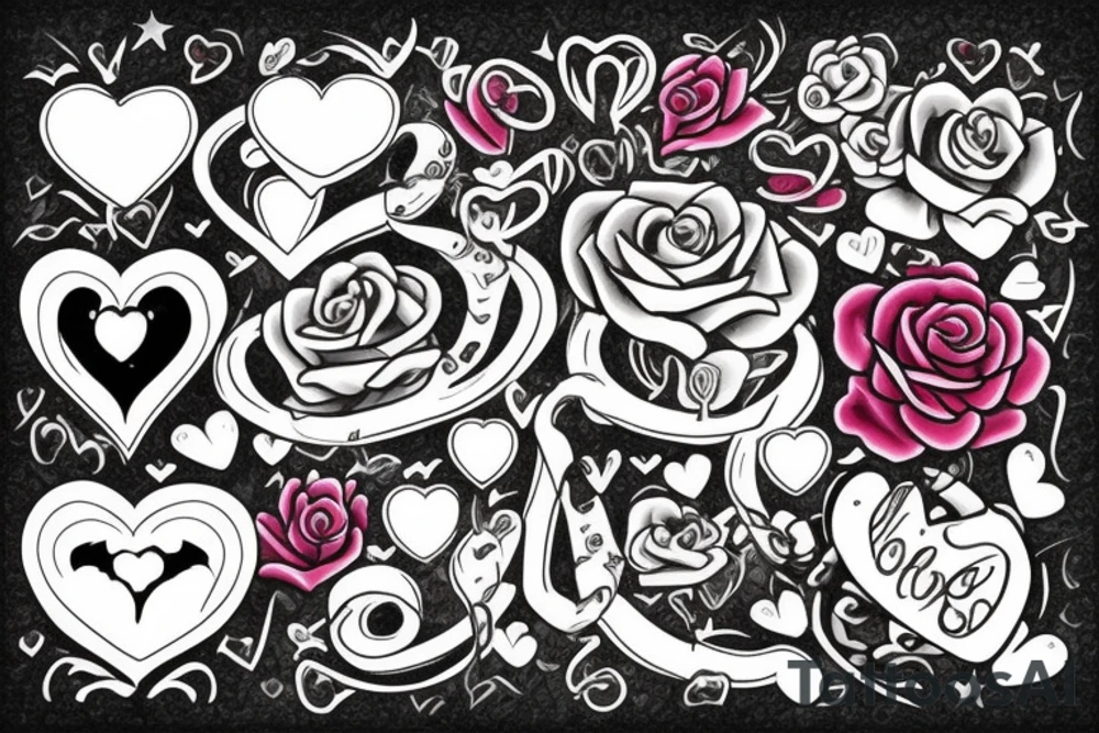 A hook surrounded by roses and love hearts tattoo idea