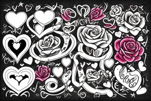 A hook surrounded by roses and love hearts tattoo idea