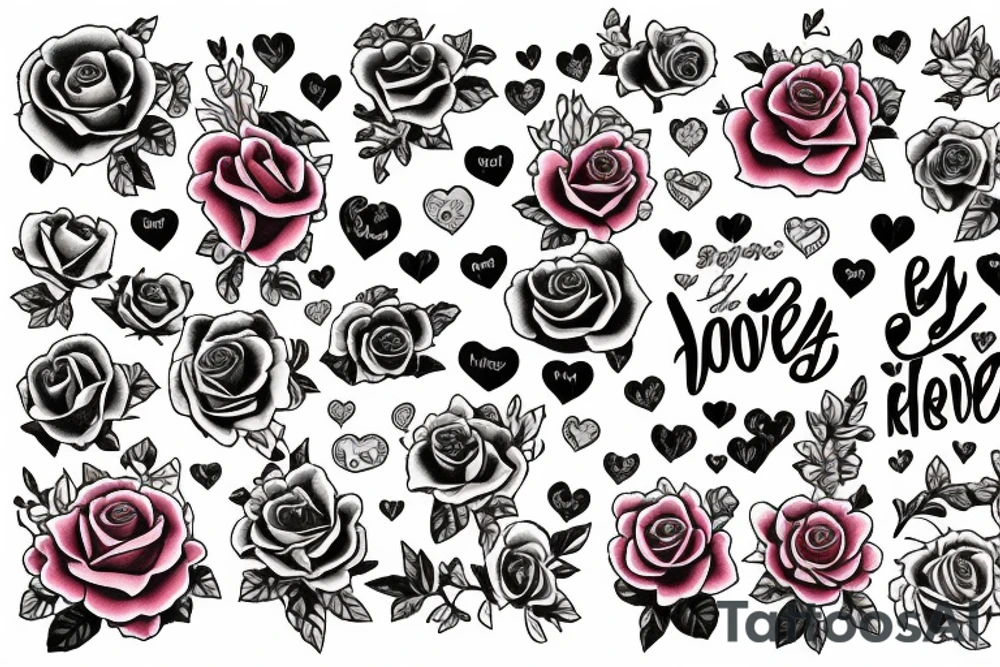 The words Evie Belle Peggy surrounded by roses and love hearts tattoo idea