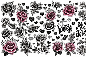 The words Evie Belle Peggy surrounded by roses and love hearts tattoo idea