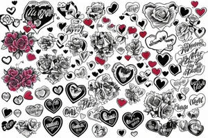 The words Evie Belle Peggy surrounded by roses and love hearts tattoo idea