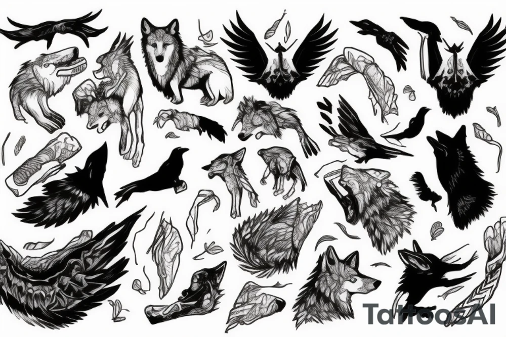 Wolf eating bones and a crow flying over. tattoo idea