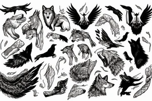 Wolf eating bones and a crow flying over. tattoo idea