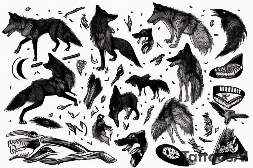 Wolf eating bones and a crow flying over. tattoo idea