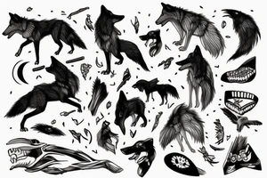 Wolf eating bones and a crow flying over. tattoo idea