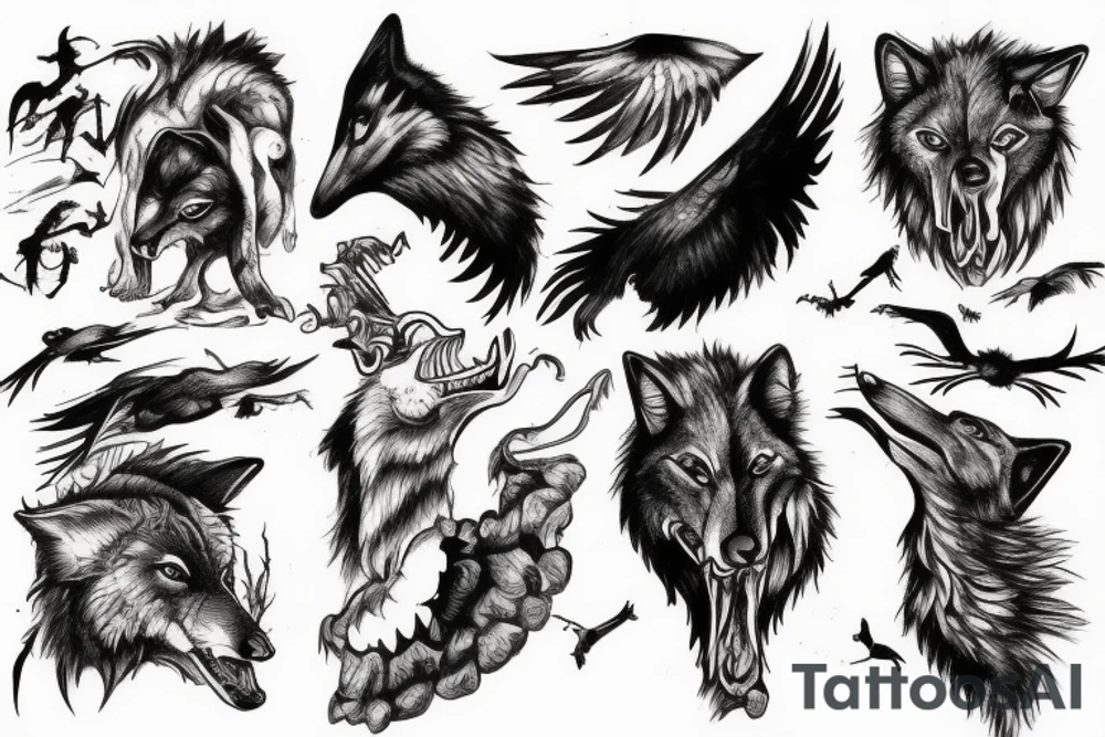 Wolf eating bones and a crow flying over. tattoo idea
