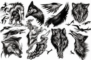 Wolf eating bones and a crow flying over. tattoo idea