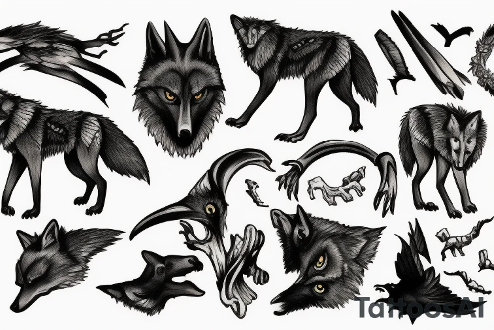 Wolf eating bones and a crow flying over. tattoo idea