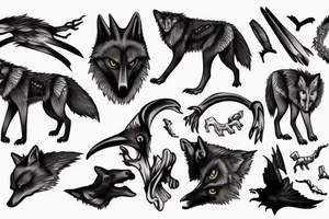 Wolf eating bones and a crow flying over. tattoo idea