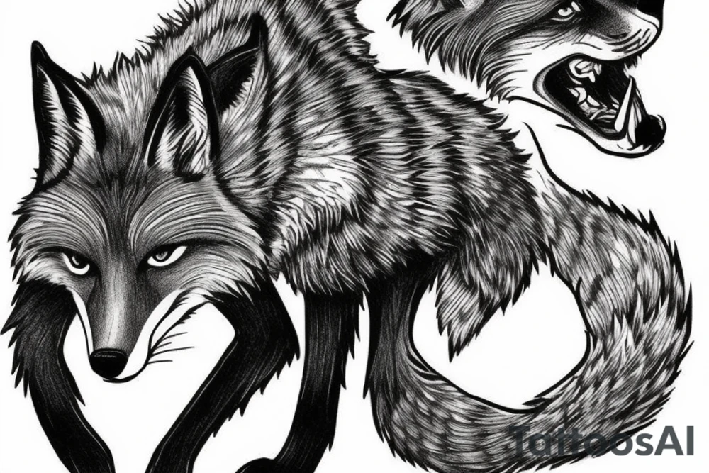 A fox and a wolf fighting for a bone. tattoo idea