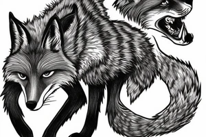 A fox and a wolf fighting for a bone. tattoo idea