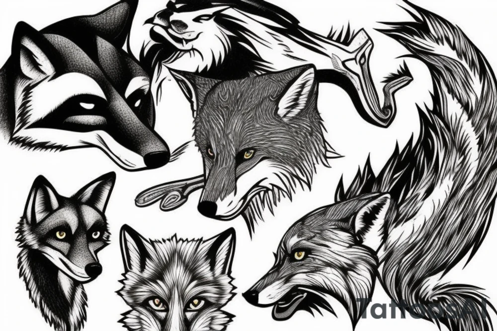 A fox and a wolf fighting for a bone. tattoo idea