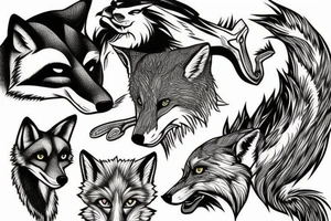 A fox and a wolf fighting for a bone. tattoo idea