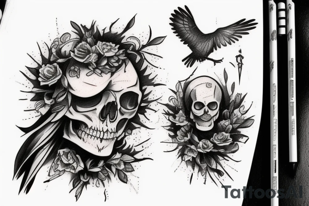 A crow and a human skull tattoo idea
