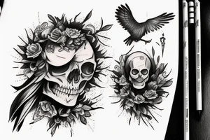 A crow and a human skull tattoo idea
